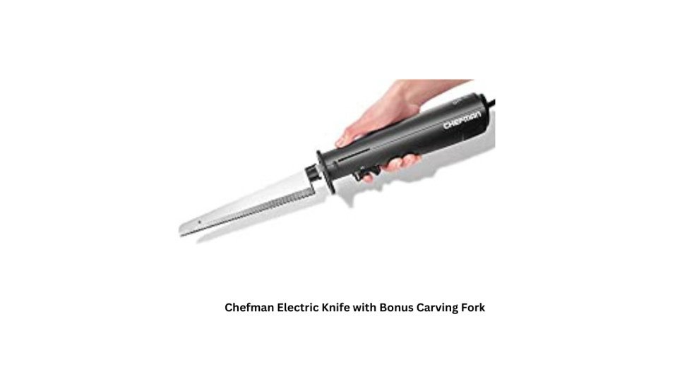 3. Chefman Electric Knife with Bonus Carving Fork, 
CREATES UNIFORM SLICES: Carve, cut and slice with ease! The Chefman Electric Knife has reciprocating dual serrated blades and carving fork to add precision and power to any slicing task. With an ergonomic handle for easy right or left-handed use, carve meats, cheeses, breads and more!
PERFECT FOR HOLIDAYS AND EVERYDAY USE: In addition to slicing various types of meat, such as large roasts, turkey, chicken, ham and steak, the Electric Knife may also be used to slice bread; fruits, such as small to medium sized melons and pineapple; vegetables, such as tomatoes and eggplant; and soft to medium-hard cheeses, such as fresh mozzarella and cheddar.
ONE TOUCH ON/OFF AND SAFETY LOCK: The one-touch trigger control power switch has an integrated safety button which locks the knife when it is not in use and prevents accidental blade activation. Store your Electric Knife away in the included storage case for safe and space saving storage.
DISHWASHER SAFE PARTS: After each use, just press the easy blade release button to remove the blade and carefully hand wash or put in the dishwasher; the blades and carving fork are dishwasher safe making for easy and quick cleaning. Make sure not to immerse the cord in water.
RESOURCES: cETL approved with advanced safety technology for long lasting durability, & 1-year provided by Chefman, so you can purchase worry-free - we've got your back! For information on how to use your product, scroll down for a PDF User Guide. 120 Watts & Volts. 