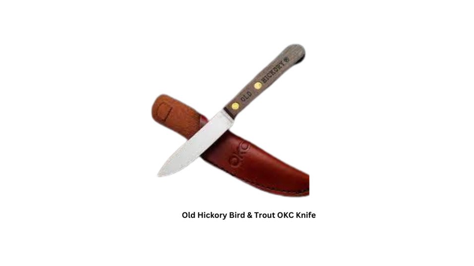 Old Hickory Bird & Trout OKC Knife,
 Blade length: 3.40 in
☑️ Overall length: 6.90 in
☑️ Blade material: High Carbon
☑️ Handle material: Hardwood
☑️ Natural Leather Sheath