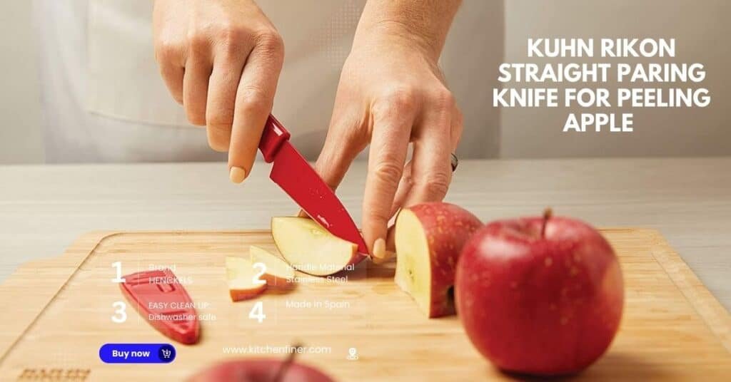 A close-up of the Kuhn Rikon Straight Paring Knife, perfect for peeling apples with its sharp blade and ergonomic handle.