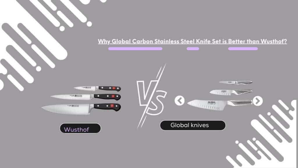 Global Carbon Stainless Steel Knife Set on a wooden cutting board.